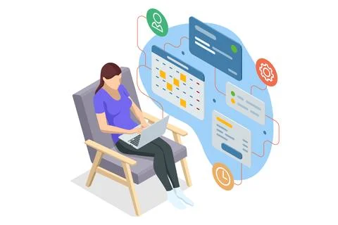 Isometric Business Project Management System. Project manager updating tasks and 스톡 일러스트