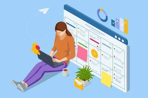 Isometric Business Project Management System. Project manager working on laptop Stock Illustration