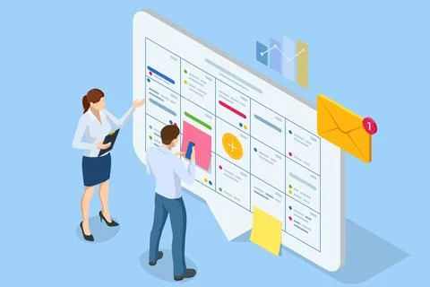 Isometric Business Project Management System. Project manager updating tasks and Stock Illustration