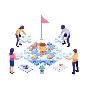 Isometric Business Team Assembling Puzzle Pieces Together 스톡 일러스트