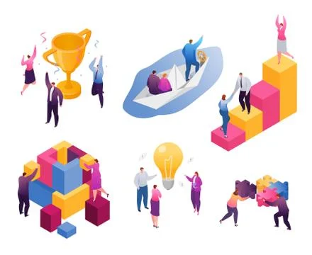 Isometric business teamwork vector illustration set, cartoon tiny businessman Stock Illustration
