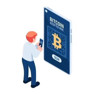 Isometric Business use QR Code to make payment in Bitcoin Stock Illustration