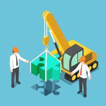 Isometric businessman assembling last piece of jigsaw puzzle. Stock Illustration