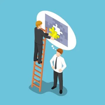 Isometric businessman assembling last piece of jigsaw puzzle. Stock Illustration
