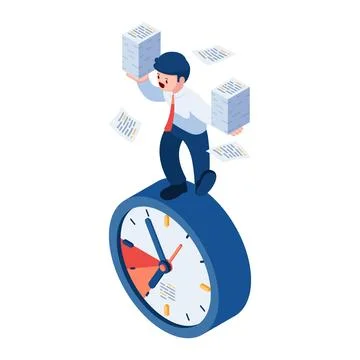 Isometric Businessman Balancing with Stack of Paperwork on Clock Stock Illustration