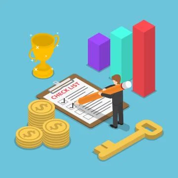 Isometric businessman checking mark on checklist Stock Illustration