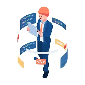 Isometric Businessman Coding on Tablet Illustrazione stock