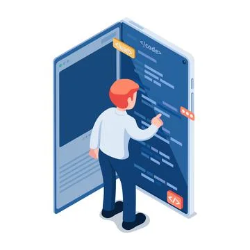 Isometric Businessman Editing Code Behind Social Media Stock Illustration