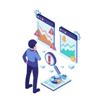 Isometric Businessman Evaluating Risk vs Reward with Financial Charts Stock Illustration