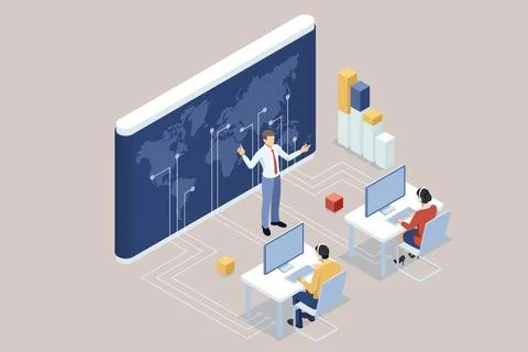 Isometric businessman at the forefront of global networking, utilizing customer Stock Illustration