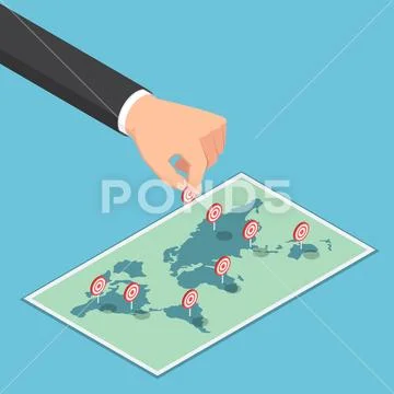 Isometric businessman hand pin target to the world map Stock Illustrationen