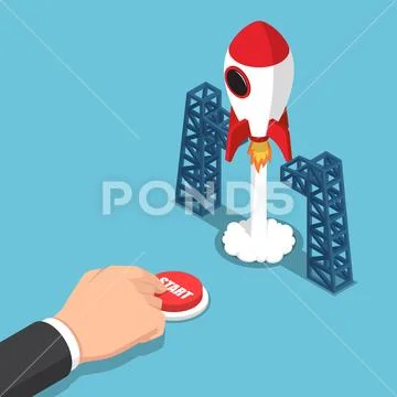 Isometric businessman hand presses start button to launches a space rocket Stock Illustration