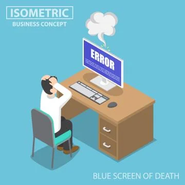 Isometric businessman having problems when his computer show blue screen erro Stock Illustration