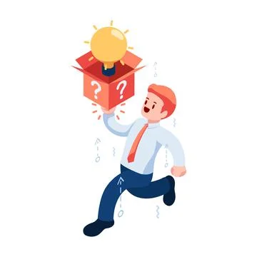 Isometric Businessman Hitting Question Mark Box and Found Light Bulb Idea Stock Illustration