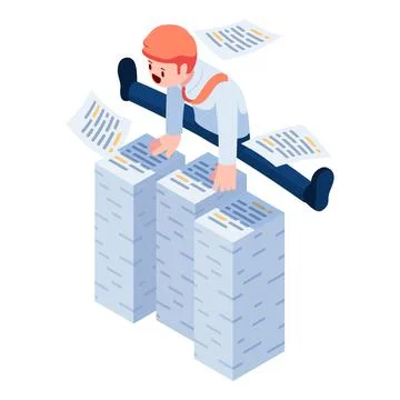 Isometric Businessman Jumping Over Stack of Document Illustrazione stock
