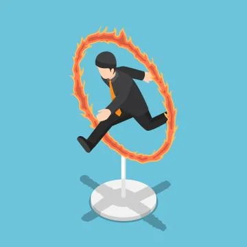Isometric businessman jumping through fire hoop. Stock Illustration