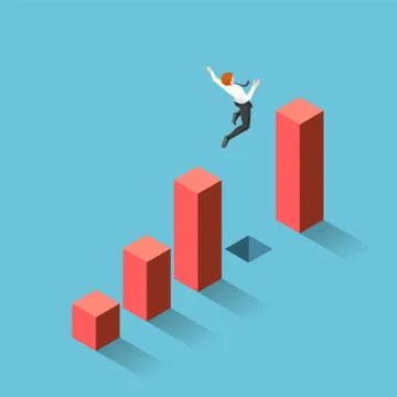 Isometric businessman jumping through the gap between graph Stock Illustration