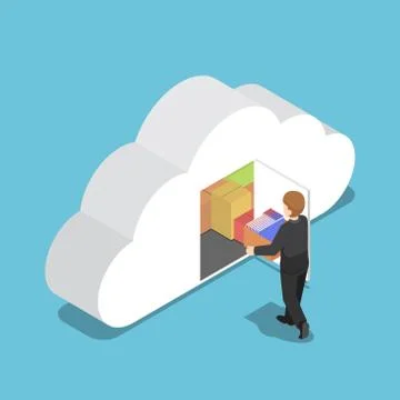 Isometric businessman keep file in cloud shaped room. 스톡 일러스트