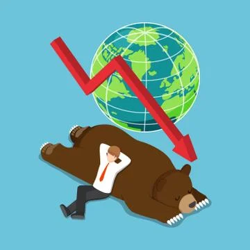Isometric businessman lay down on sleeping bear. Stock Illustration