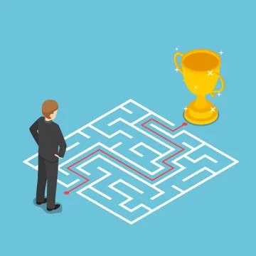 Isometric businessman looking at maze with solution. Illustrazione stock
