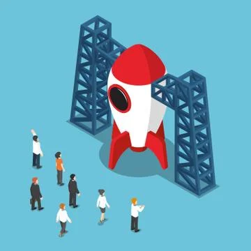 Isometric businessman looking at space shuttle. Stock Illustration