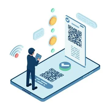 Isometric Businessman Making QR Code Payment with Smartphone Illustrazione stock