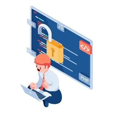 Isometric Businessman or Developer Working with Open Source Software Script Stock Illustration