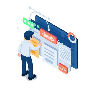 Isometric Businessman or Web Developer Design Website Interface Stockillustratie