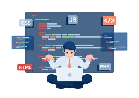 Isometric Businessman as a Programmer Working on Laptop to Coding 스톡 일러스트