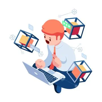 Isometric Businessman Programming Script with Blockchain Technology Stock Illustration