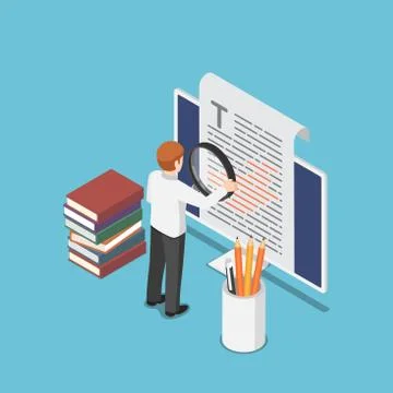 Isometric businessman proofreading a document on pc monitor Stock Illustration