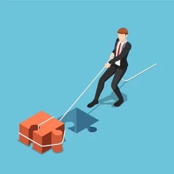 Isometric businessman pull jigsaw block into compatible hole Stock Illustration