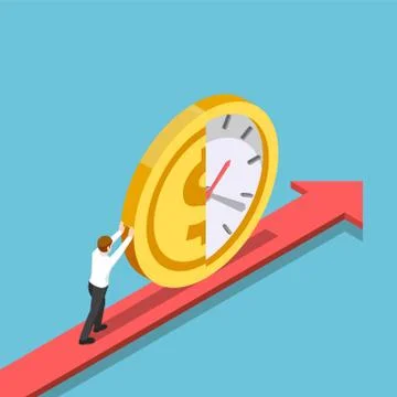Isometric businessman push half of clock and money coin forward Stock Illustration