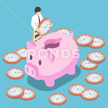Isometric businessman putting a clock into a pink piggy bank Stock Illustration