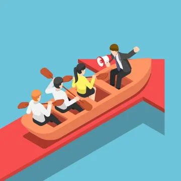 Isometric businessman rowing team going forward on red arrow Stock Illustration