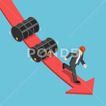 Isometric businessman running away from falling oil barrels on the red graph Stock Illustration