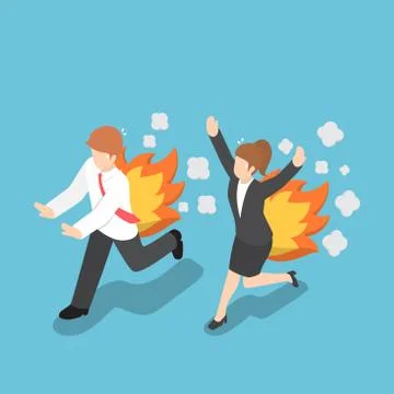 Isometric Businessman Running with Back on Fire Stock Illustration