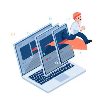Isometric Businessman Running Through Application on Different Platform Illustrazione stock