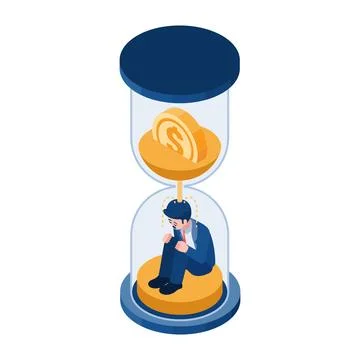 Isometric Businessman Sit Inside Dollar Sand Clock Countdown 스톡 일러스트