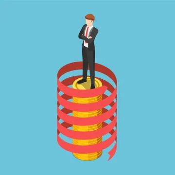 Isometric businessman standing on coin stack with spiral growth arrow Stock Illustration