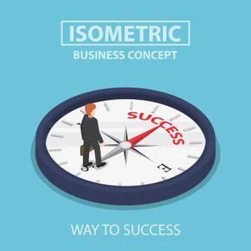 Isometric businessman standing on compass that points to success Stock Illustration