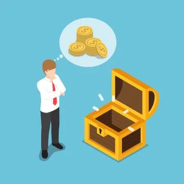 Isometric businessman standing in front of empty treasure box. Stock Illustration
