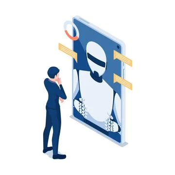 Isometric Businessman Talking with Chat Bot in Smartphone Stock Illustration