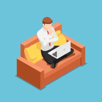 Isometric businessman thinking while working on laptop at home Stock Illustration