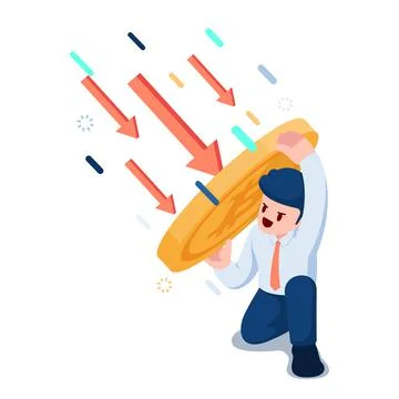 Isometric Businessman Use Bitcoin as a Shield to Protect Him From Falling Arr Stock Illustration