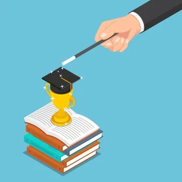 Isometric businessman use magic to create trophy and graduate cap. Stock Illustration
