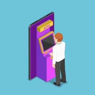 Isometric businessman using an atm machine on smartphone Stock Illustration