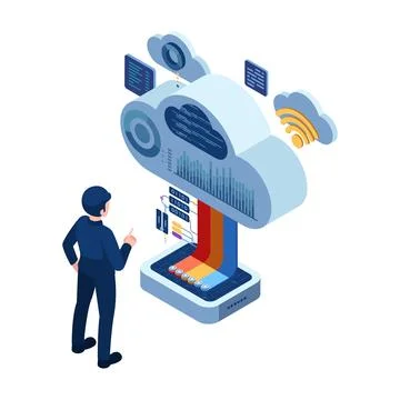 Isometric Businessman Using a Cloud-Based Software for Data Analysis Ilustración de archivo