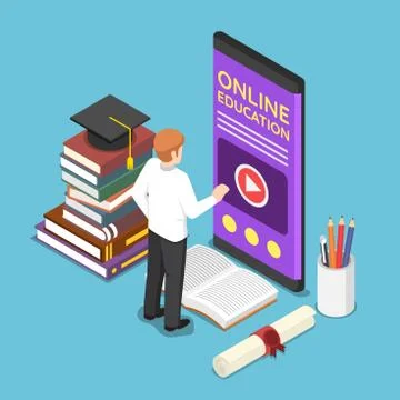 Isometric businessman using e-learning or online education application on sma Stock Illustration