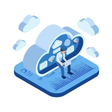 Isometric Businessman Using Laptop Working on Cloud Illustrazione stock